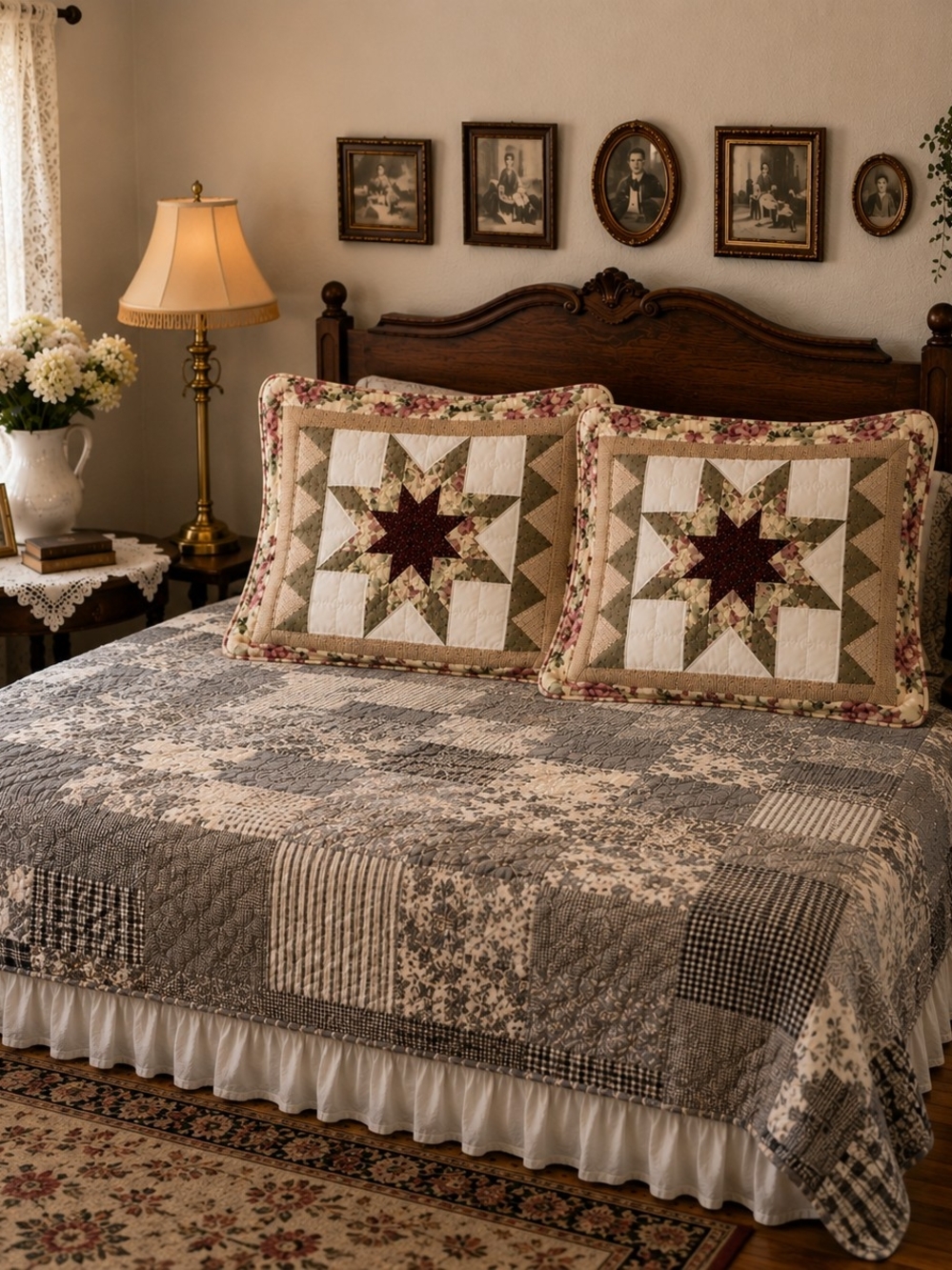 Set of 2 Quilted Floral Star King Pillow Shams 23x28